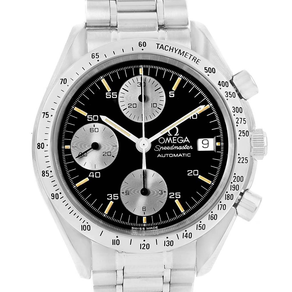 The Omega Speedmaster 3511.20.00 Men
s Stainless Steel Black Dial 3511.20.00 Men
s Stainless Steel Black Dial watch is shown from a top-down angle, highlighting its dial, tachymetre bezel, subdials, and bracelet.