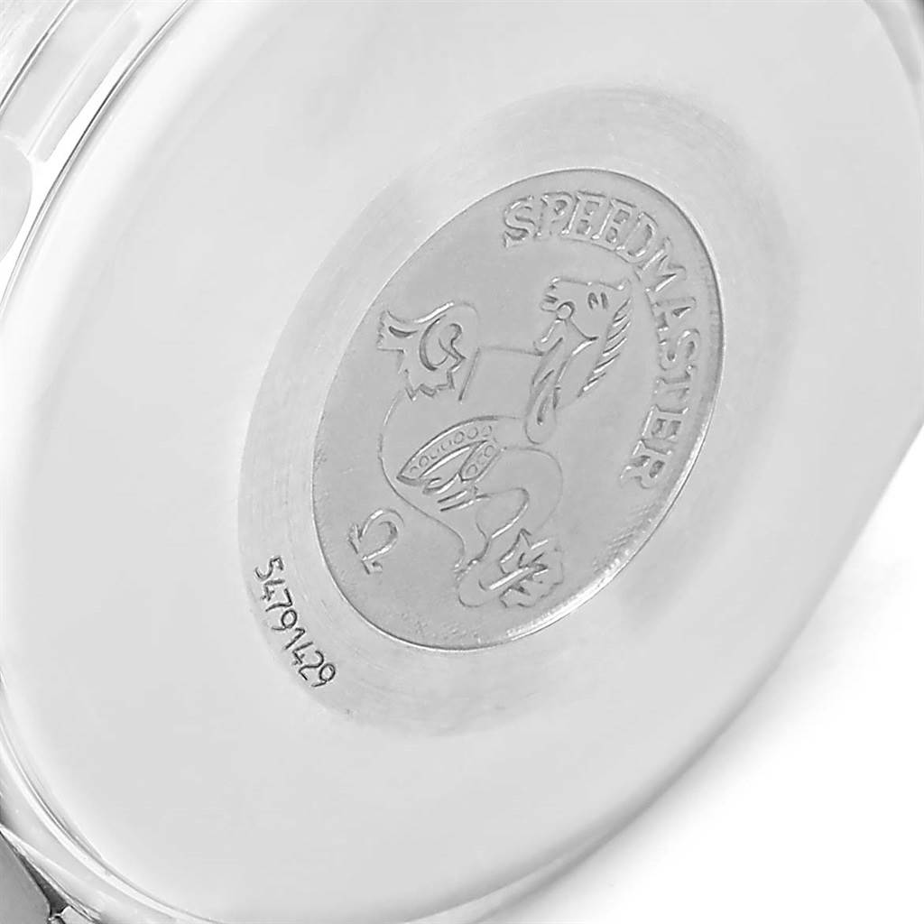 The image shows the engraved case back of an Omega Speedmaster 3511.20.00 Men
s Stainless Steel Black Dial 3511.20.00 Men
s Stainless Steel Black Dial watch.