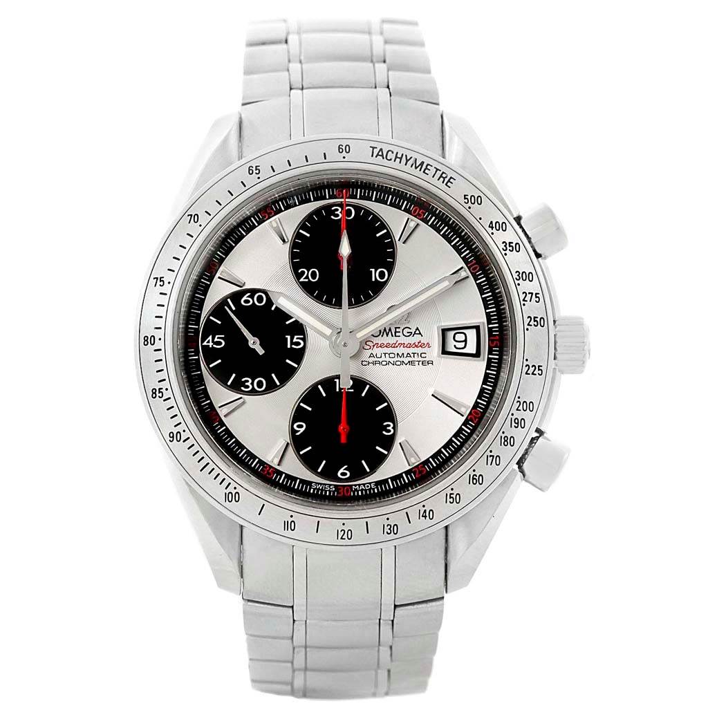 The Omega Speedmaster 3211.31.00 Men
s Stainless Steel Silver Dial 3211.31.00 Men
s Stainless Steel Silver Dial watch is shown from a front view, displaying the face, three subdials, date window, and tachymeter bezel.