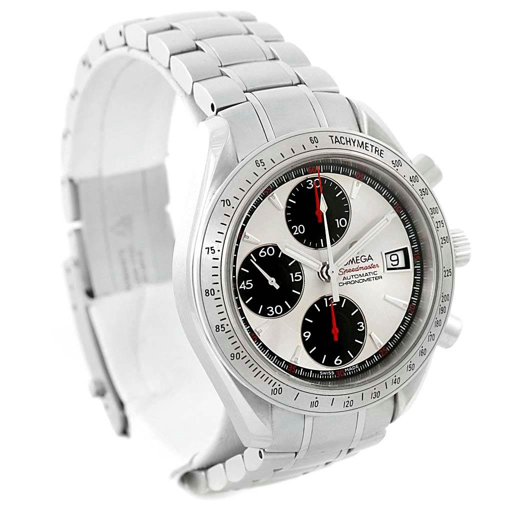 The Omega Speedmaster 3211.31.00 Men
s Stainless Steel Silver Dial 3211.31.00 Men
s Stainless Steel Silver Dial watch is shown at a slight angle, highlighting its face, tachymeter bezel, bracelet, and side pushers.