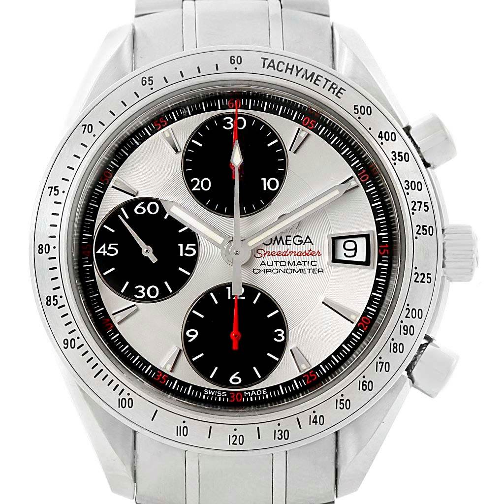 The image shows a front view of the Omega Speedmaster 3211.31.00 Men
s Stainless Steel Silver Dial 3211.31.00 Men
s Stainless Steel Silver Dial watch, highlighting its tachymeter bezel, chronograph sub-dials, and date window.