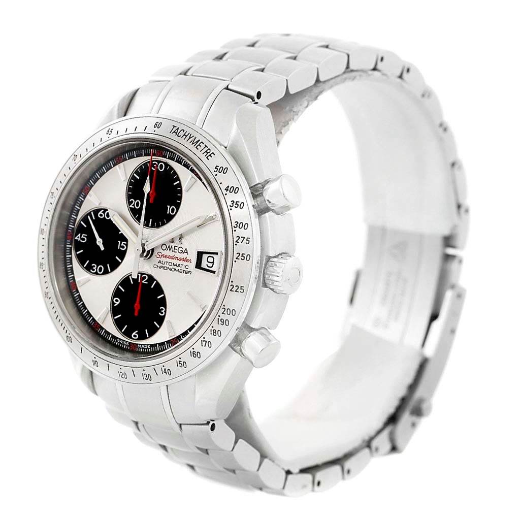 This image shows a side and front view of the Omega Speedmaster 3211.31.00 Men
s Stainless Steel Silver Dial 3211.31.00 Men
s Stainless Steel Silver Dial watch, highlighting the face, bezel, sub-dials, and bracelet.