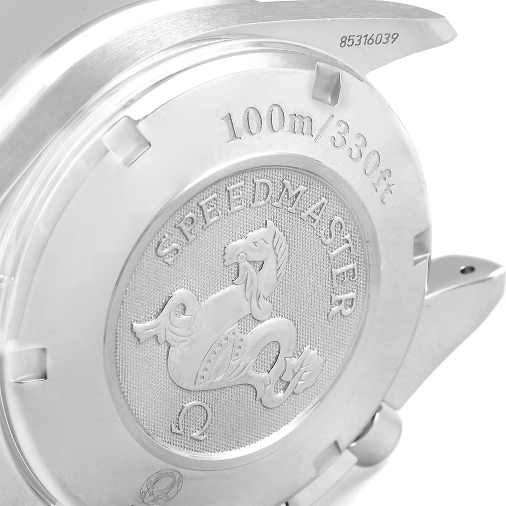 The image shows the case back of an Omega Speedmaster 3211.31.00 Men
s Stainless Steel Silver Dial 3211.31.00 Men
s Stainless Steel Silver Dial watch, displaying its engraved logo and water resistance marking.