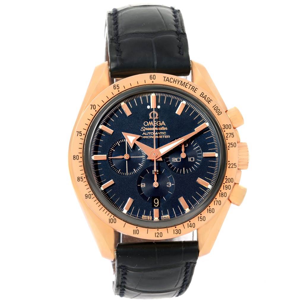 The image shows a front view of an Omega Speedmaster 178.0022 Men's Blue Dial 178.0022 Men's Blue Dial watch, highlighting its dial, sub-dials, bezel, and leather strap.