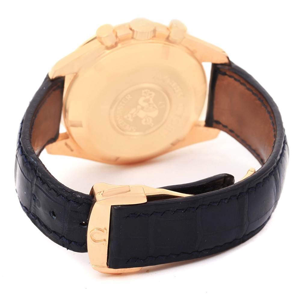 The image shows the back case and strap of an Omega Speedmaster 178.0022 Men's Blue Dial 178.0022 Men's Blue Dial watch at an inclined angle.