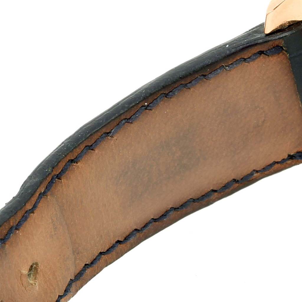 The image shows a close-up view of the leather strap and lug of an Omega Speedmaster 178.0022 Men's Blue Dial 178.0022 Men's Blue Dial watch.