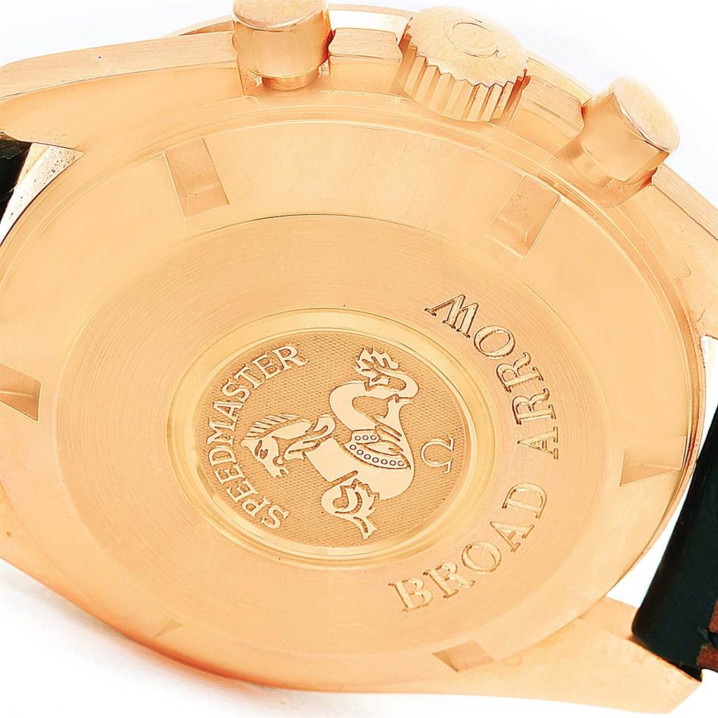 The image shows the case back of an Omega Speedmaster 178.0022 Men's Blue Dial 178.0022 Men's Blue Dial watch, highlighting its engravings and crowns from an angled viewpoint.