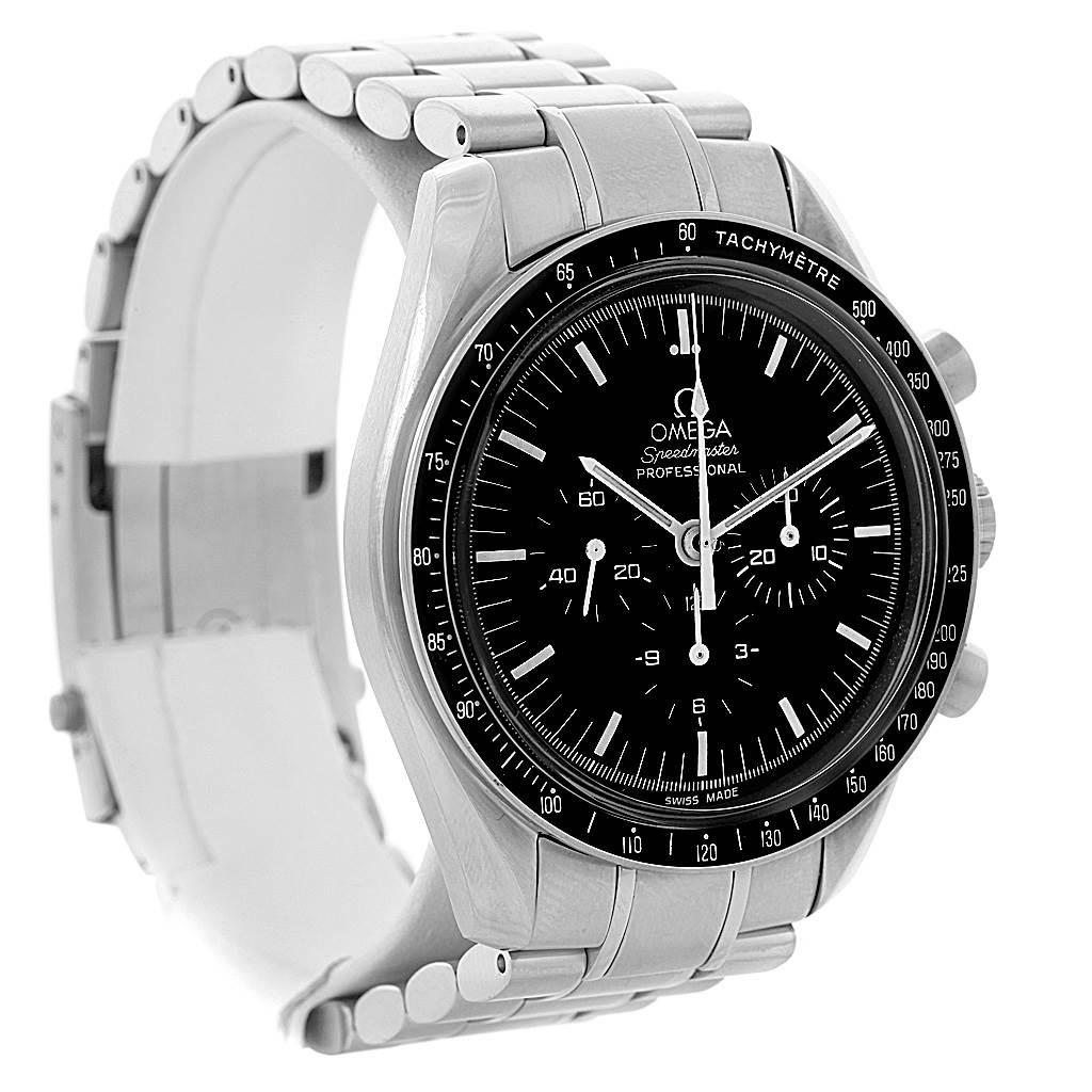 The Omega Speedmaster 3570.50.00 Men
s Stainless Steel Black Dial 3570.50.00 Men
s Stainless Steel Black Dial watch is shown at an angle that highlights its face, bezel, and stainless steel bracelet.