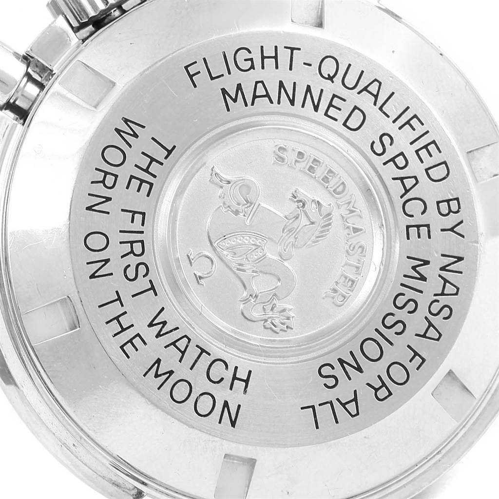 The image shows the engraved case back of an Omega Speedmaster 3570.50.00 Men
s Stainless Steel Black Dial 3570.50.00 Men
s Stainless Steel Black Dial watch, highlighting its NASA qualification and lunar history.