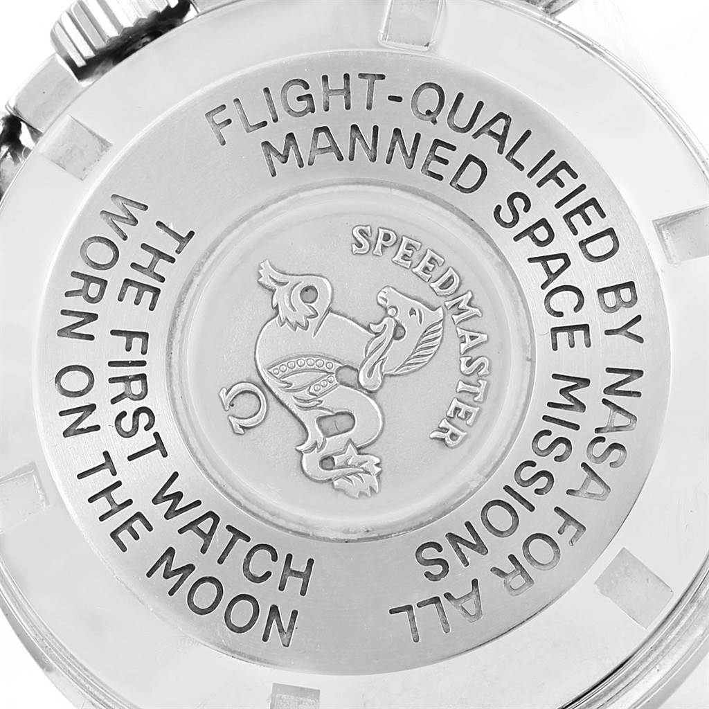 The image shows the case back of the Omega Speedmaster 3570.50.00 Men
s Stainless Steel Black Dial 3570.50.00 Men
s Stainless Steel Black Dial, featuring engraved text about its NASA qualification and lunar history.