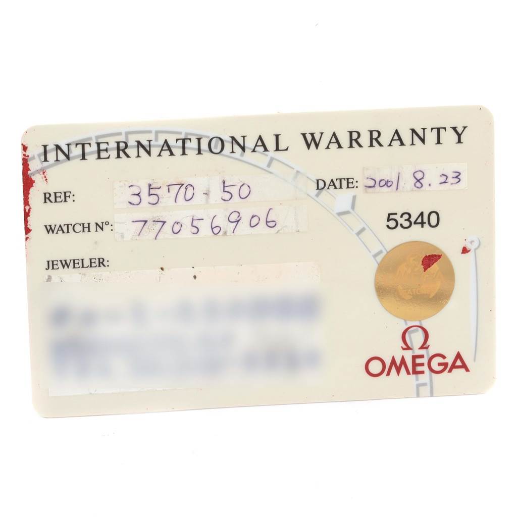 This image shows the International Warranty card for an Omega Speedmaster 3570.50.00 Men
s Stainless Steel Black Dial 3570.50.00 Men
s Stainless Steel Black Dial watch, including reference number, watch number, and date of purchase.