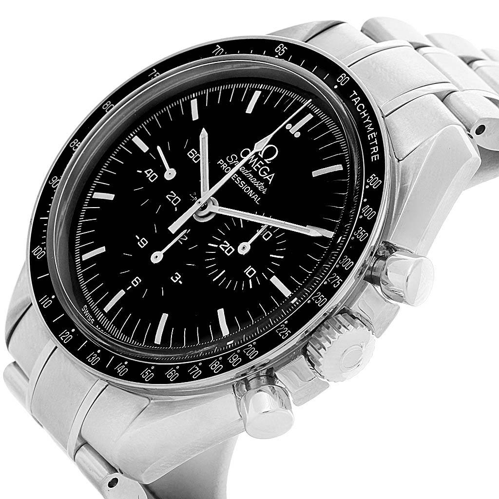 The Omega Speedmaster 3570.50.00 Men
s Stainless Steel Black Dial 3570.50.00 Men
s Stainless Steel Black Dial watch is shown at an angled view, highlighting its black dial, tachymeter bezel, and metal bracelet.