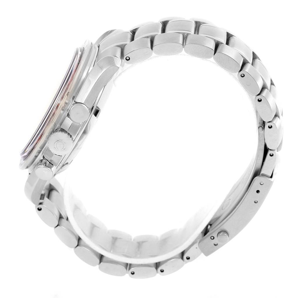 The image shows a side view of the Omega Speedmaster 3506.61.00 Men's Stainless Steel Red Dial 3506.61.00 Men's Stainless Steel Red Dial watch, highlighting its case, buttons, and metal bracelet.