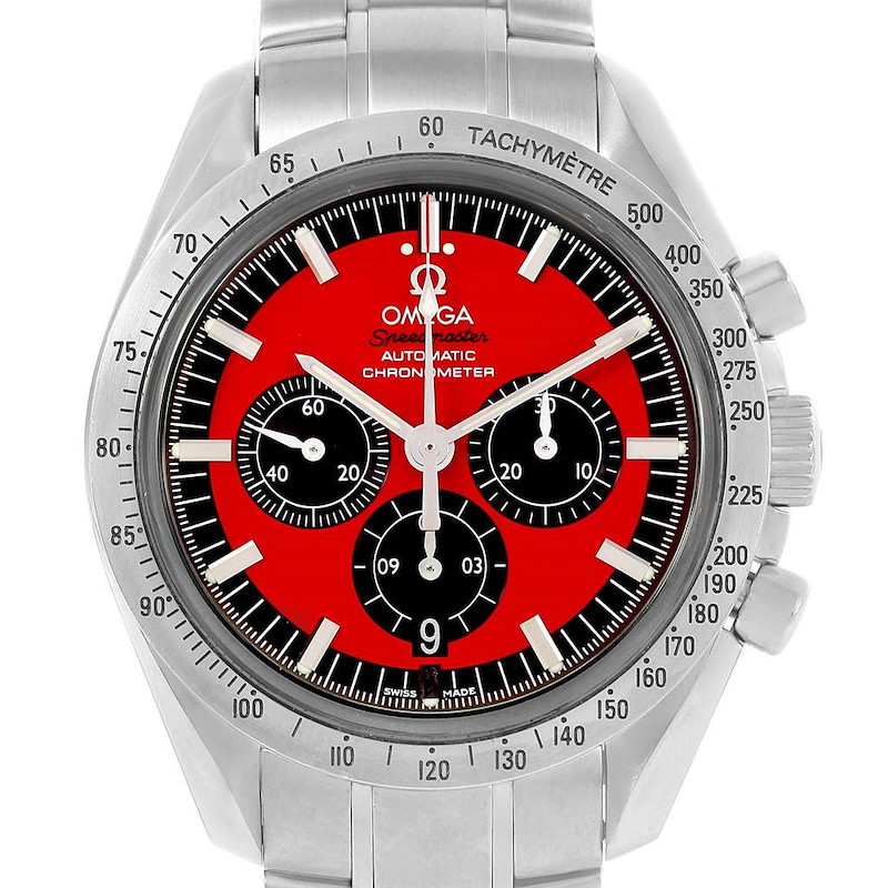 This image shows a front view of an Omega Speedmaster watch, highlighting the red dial, chronograph subdials, and tachymeter bezel.