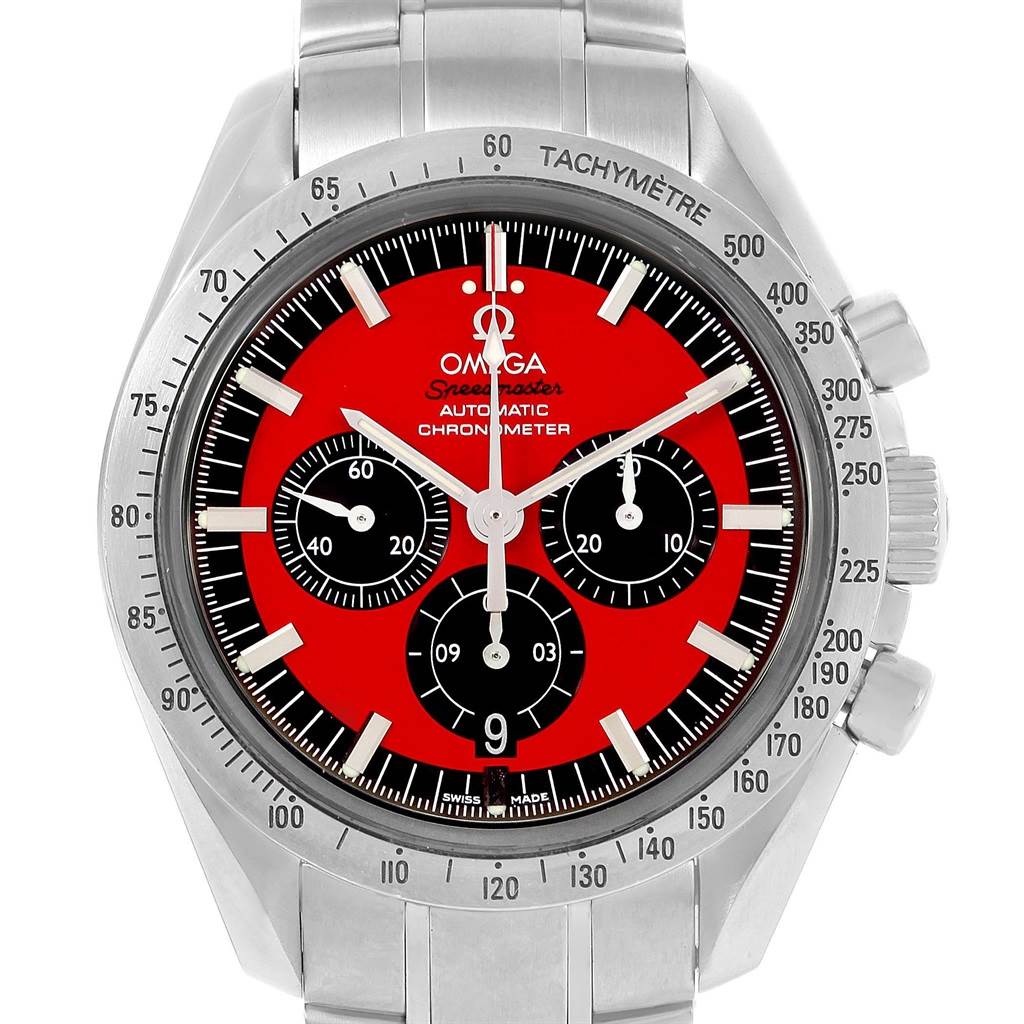 This image shows a front view of an Omega Speedmaster 3506.61.00 Men's Stainless Steel Red Dial 3506.61.00 Men's Stainless Steel Red Dial watch, highlighting the red dial, chronograph subdials, and tachymeter bezel.