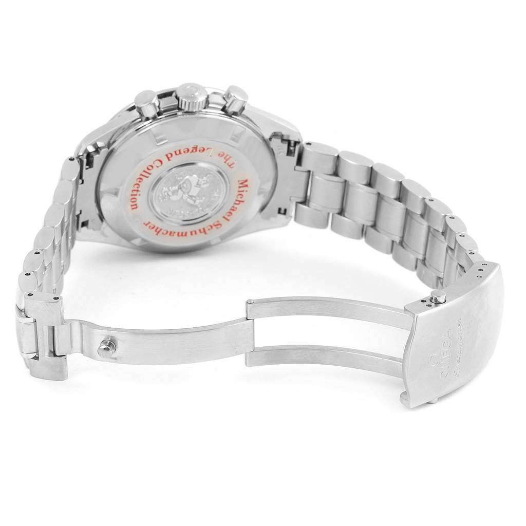 The image shows the back case and open clasp of an Omega Speedmaster 3506.61.00 Men's Stainless Steel Red Dial 3506.61.00 Men's Stainless Steel Red Dial watch from a rear angle.