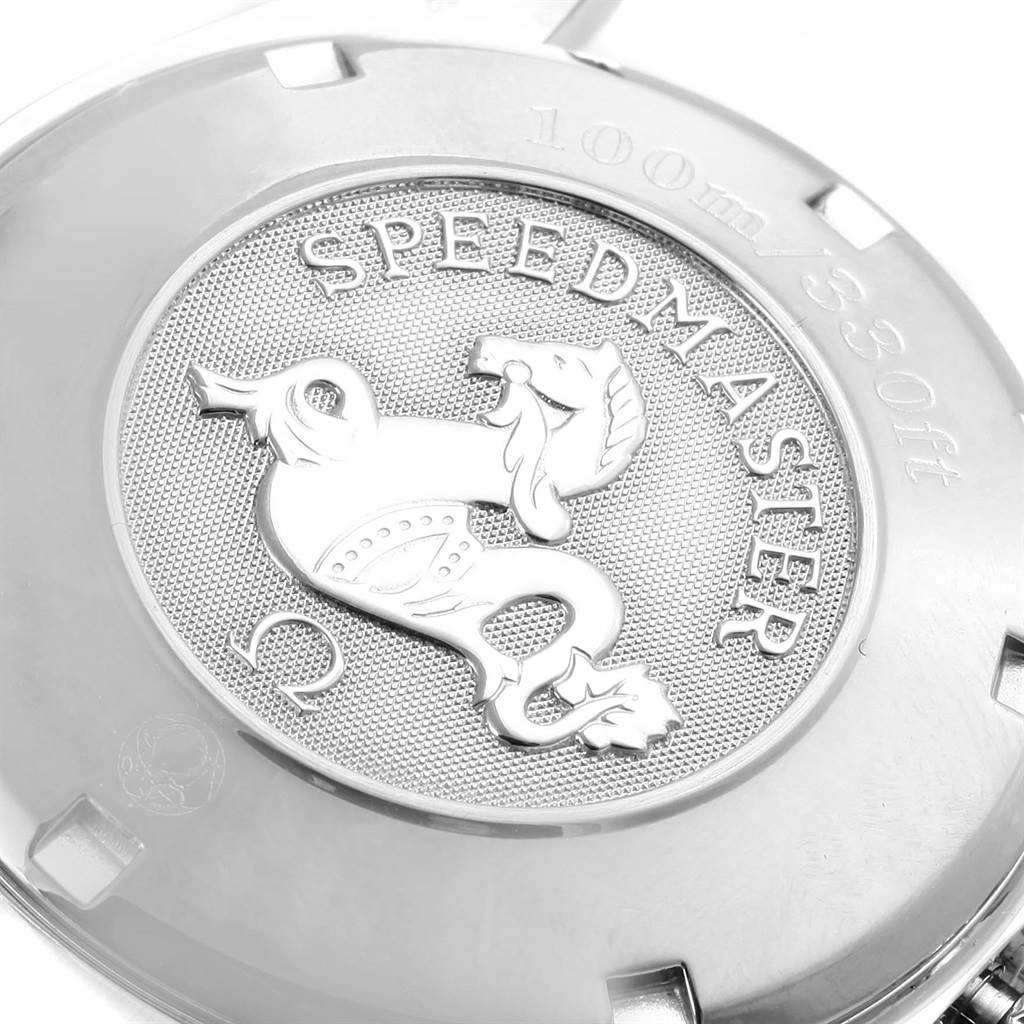 The image shows the case back of an Omega Speedmaster 3210.52.00 Men
s Stainless Steel Black Dial 3210.52.00 Men
s Stainless Steel Black Dial watch, featuring the Speedmaster insignia and depth rating.