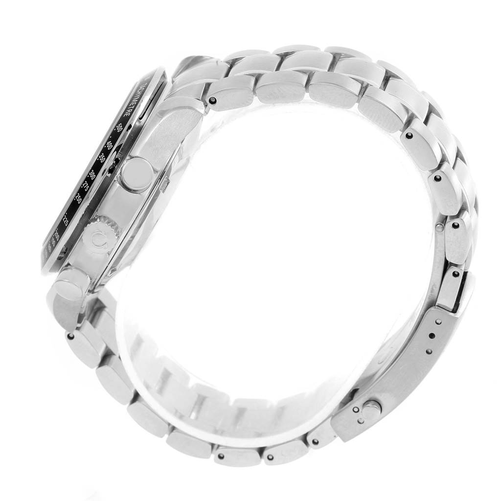 This image shows a side view of the Omega Speedmaster 3210.52.00 Men
s Stainless Steel Black Dial 3210.52.00 Men
s Stainless Steel Black Dial watch highlighting its metal bracelet, case, crown, and pushers.