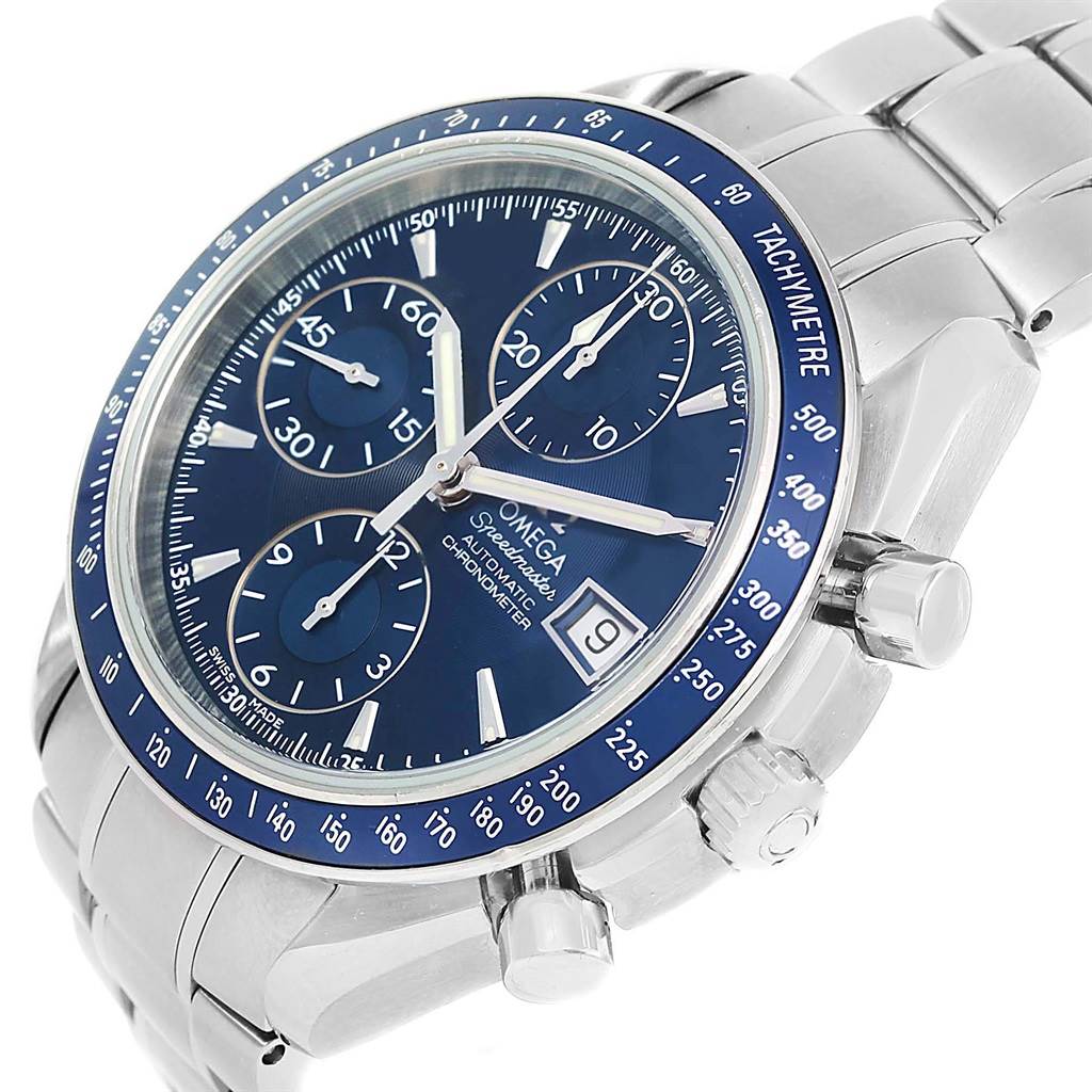 The image shows an Omega Speedmaster 3212.80.00 Men
s Stainless Steel Blue Dial 3212.80.00 Men
s Stainless Steel Blue Dial watch at a slight angle, highlighting its dial, bezel, crown, pushers, and metal bracelet.