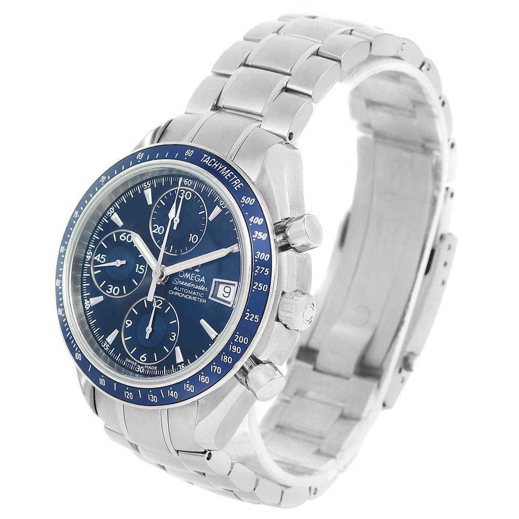 This Omega Speedmaster 3212.80.00 Men
s Stainless Steel Blue Dial 3212.80.00 Men
s Stainless Steel Blue Dial watch is shown at a slight angle, highlighting the face, crown, pushers, and bracelet.