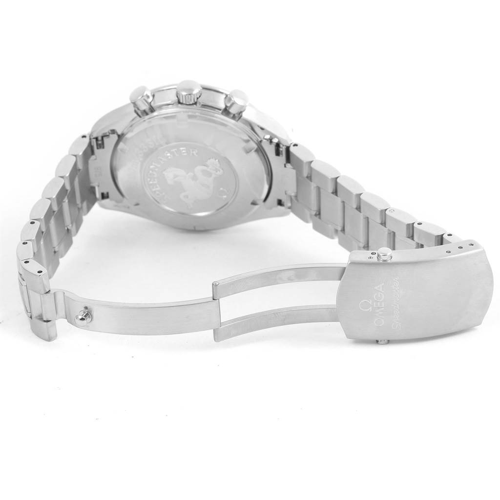 The image shows the back case, pushers, and open clasp of the Omega Speedmaster 3212.80.00 Men
s Stainless Steel Blue Dial 3212.80.00 Men
s Stainless Steel Blue Dial watch, highlighting the bracelet and deployment clasp.