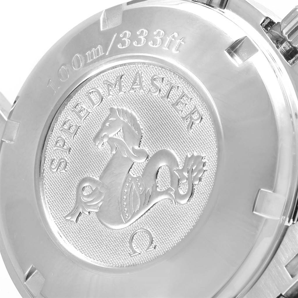 The image shows the case back of an Omega Speedmaster 3212.80.00 Men
s Stainless Steel Blue Dial 3212.80.00 Men
s Stainless Steel Blue Dial watch, with an embossed seahorse and water resistance information.