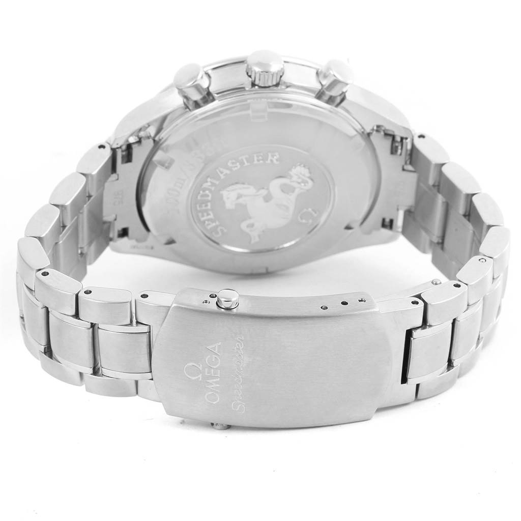 The image shows the back case and clasp of an Omega Speedmaster 3212.80.00 Men
s Stainless Steel Blue Dial 3212.80.00 Men
s Stainless Steel Blue Dial watch at a rear angle.