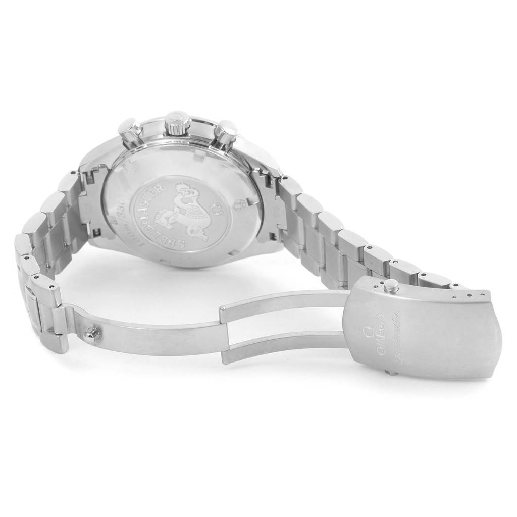 The image shows the back and partially opened clasp of an Omega Speedmaster 323.30.40.40.04.001 Men
s Stainless Steel White Dial 323.30.40.40.04.001 Men
s Stainless Steel White Dial watch, highlighting the case back and stainless steel bracelet.