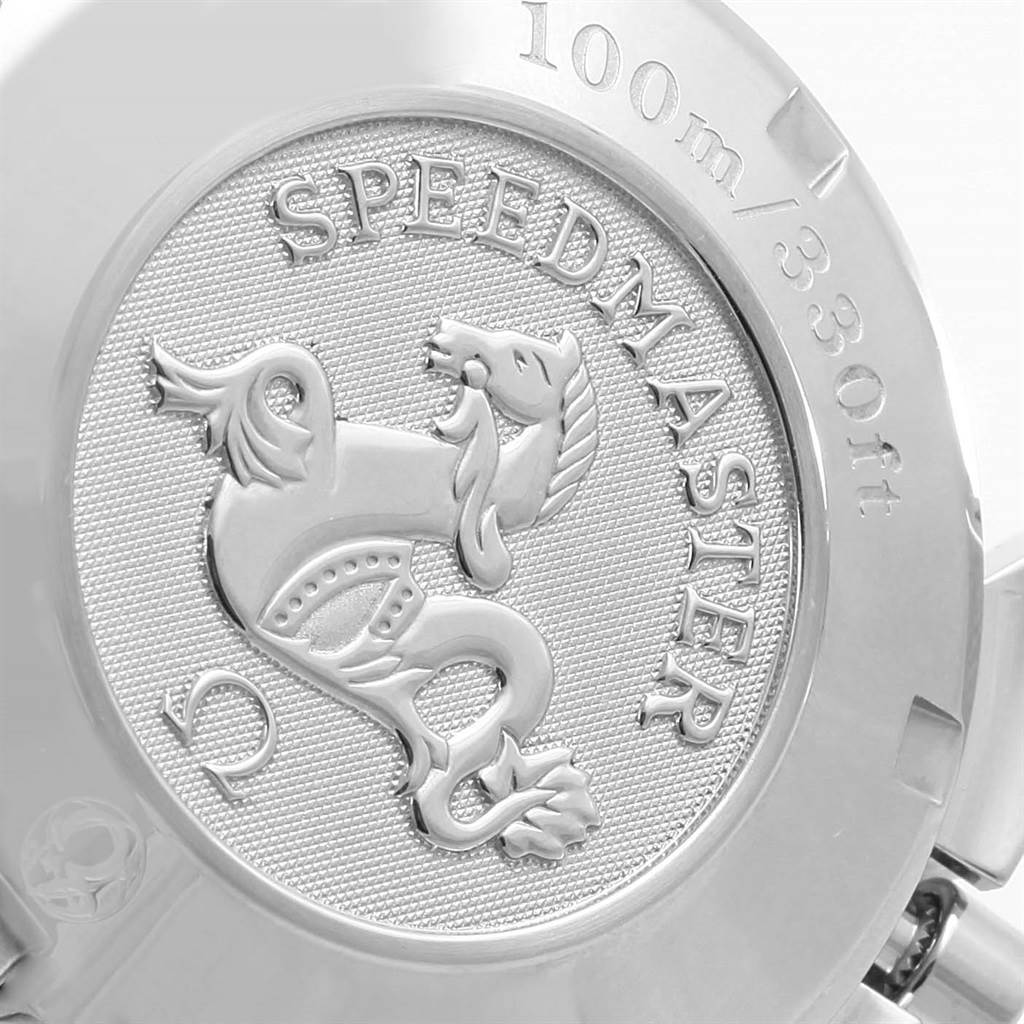 This image shows the back case of an Omega Speedmaster 323.30.40.40.04.001 Men
s Stainless Steel White Dial 323.30.40.40.04.001 Men
s Stainless Steel White Dial watch, featuring the "100m/330ft" water resistance engraving and the Speedmaster logo.