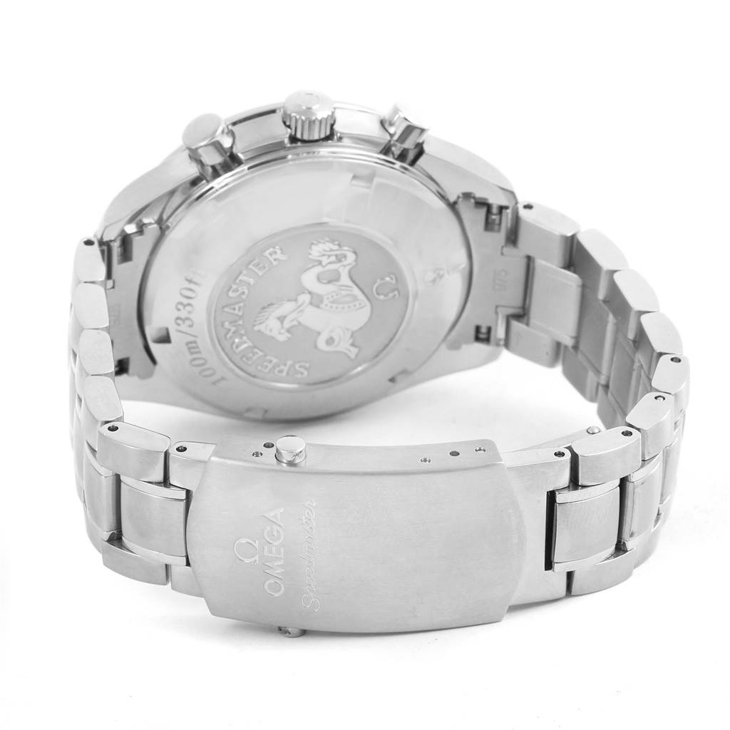 The image shows the back case and stainless steel bracelet clasp of an Omega Speedmaster 323.30.40.40.04.001 Men
s Stainless Steel White Dial 323.30.40.40.04.001 Men
s Stainless Steel White Dial watch.