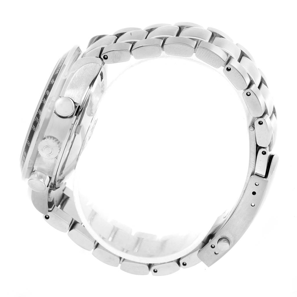 The image shows a side view of the Omega Speedmaster 323.30.40.40.04.001 Men
s Stainless Steel White Dial 323.30.40.40.04.001 Men
s Stainless Steel White Dial
s case, crown, pushers, and part of its metal bracelet.