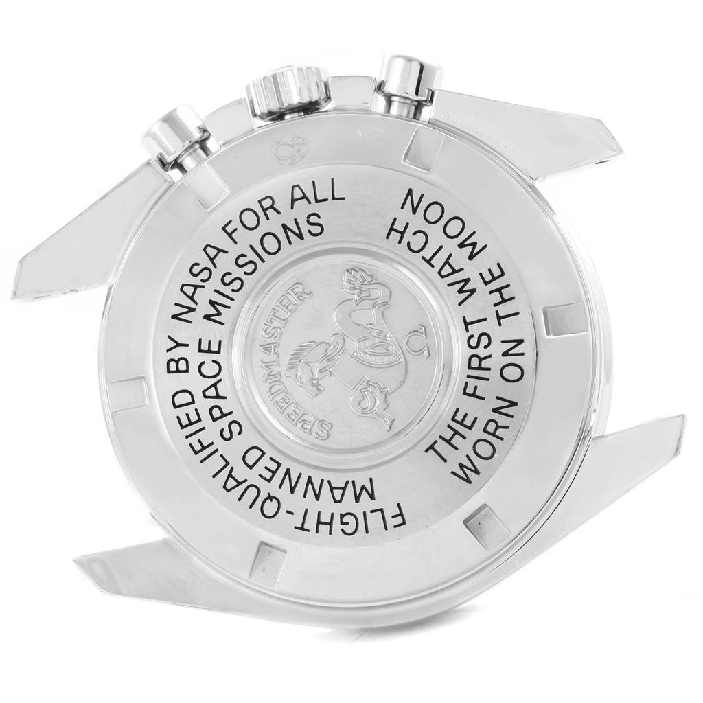 This image shows the back case of the Omega Speedmaster 3570.50.00 Men
s Stainless Steel Black Dial 3570.50.00 Men
s Stainless Steel Black Dial watch, highlighting the engraved text and logo.