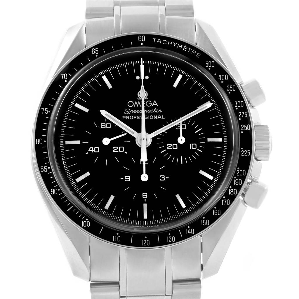 The Omega Speedmaster 3570.50.00 Men
s Stainless Steel Black Dial 3570.50.00 Men
s Stainless Steel Black Dial watch is shown from a front angle, highlighting its dial, bezel, and stainless steel bracelet.