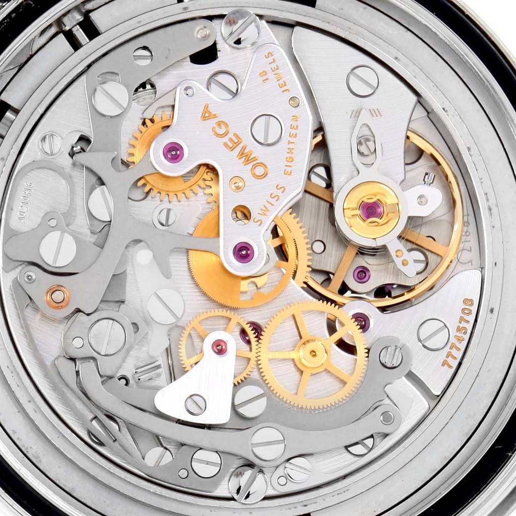 The image shows the intricate internal movement of the Omega Speedmaster 3570.50.00 Men
s Stainless Steel Black Dial 3570.50.00 Men
s Stainless Steel Black Dial watch, viewed from the back.