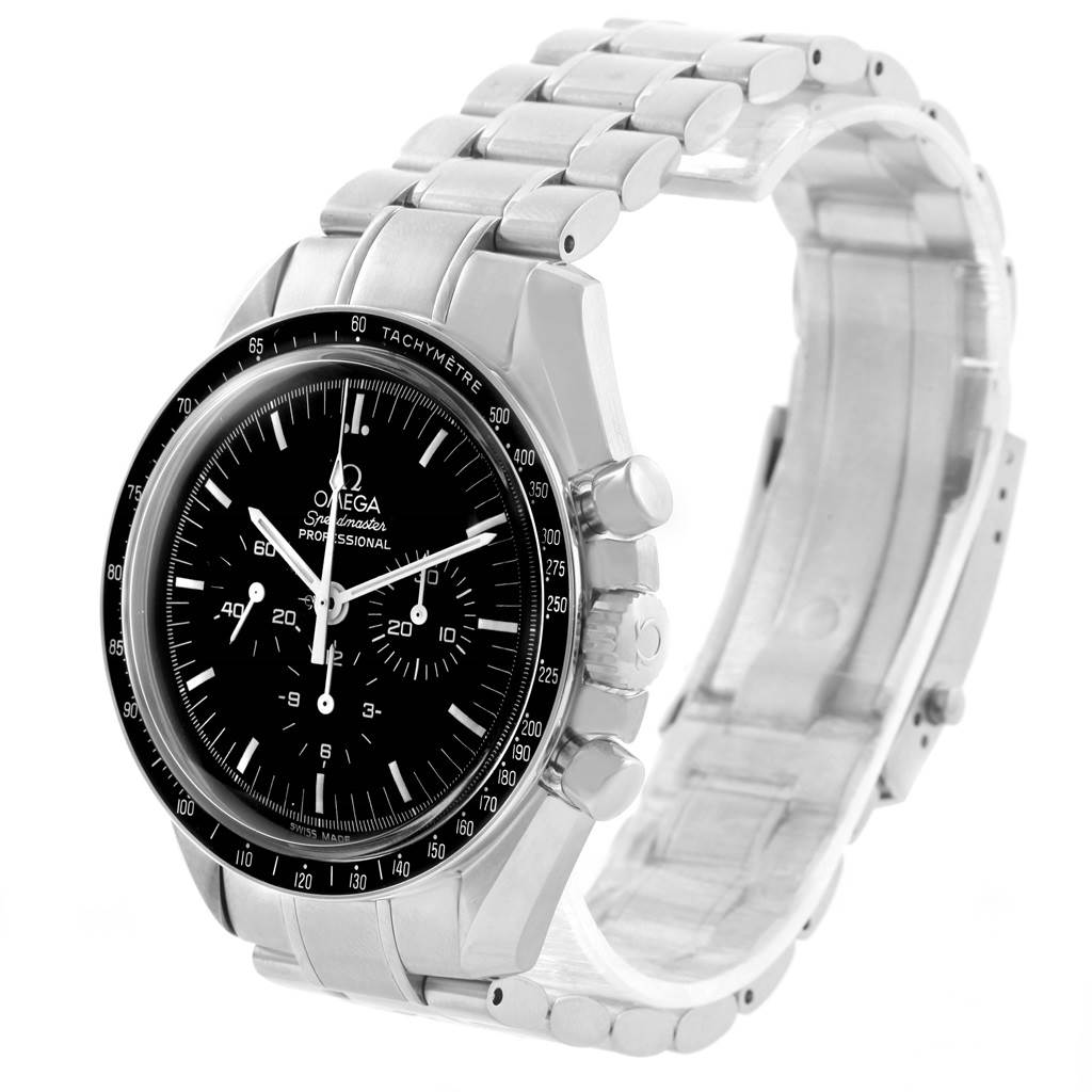 The Omega Speedmaster 3570.50.00 Men
s Stainless Steel Black Dial 3570.50.00 Men
s Stainless Steel Black Dial watch is shown at a three-quarter angle, displaying the face, dial, side buttons, and bracelet.