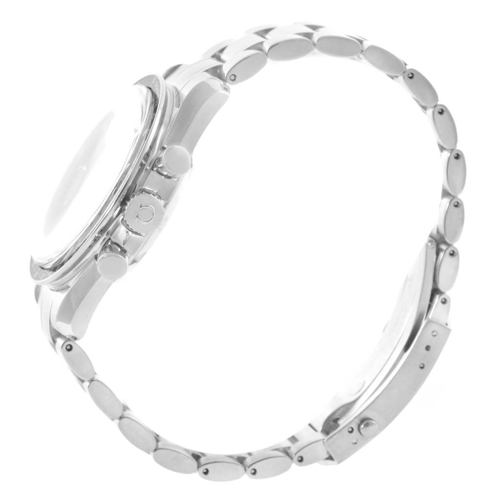 This image shows a side angle view of an Omega Speedmaster 3570.50.00 Men
s Stainless Steel Black Dial 3570.50.00 Men
s Stainless Steel Black Dial watch, highlighting its metal bracelet, crown, and pushers.