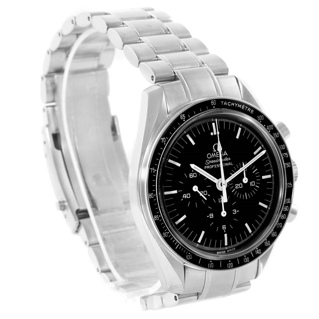 The image shows an Omega Speedmaster 3570.50.00 Men
s Stainless Steel Black Dial 3570.50.00 Men
s Stainless Steel Black Dial watch from a front and slight side angle, highlighting its face, bezel, and bracelet.
