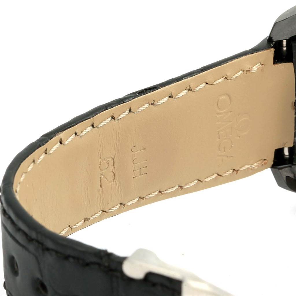 The image shows a close-up angle of the leather strap's underside for an Omega Speedmaster 311.92.44.51.01.003 Men's Stainless Steel Black Dial 311.92.44.51.01.003 Men's Stainless Steel Black Dial watch.