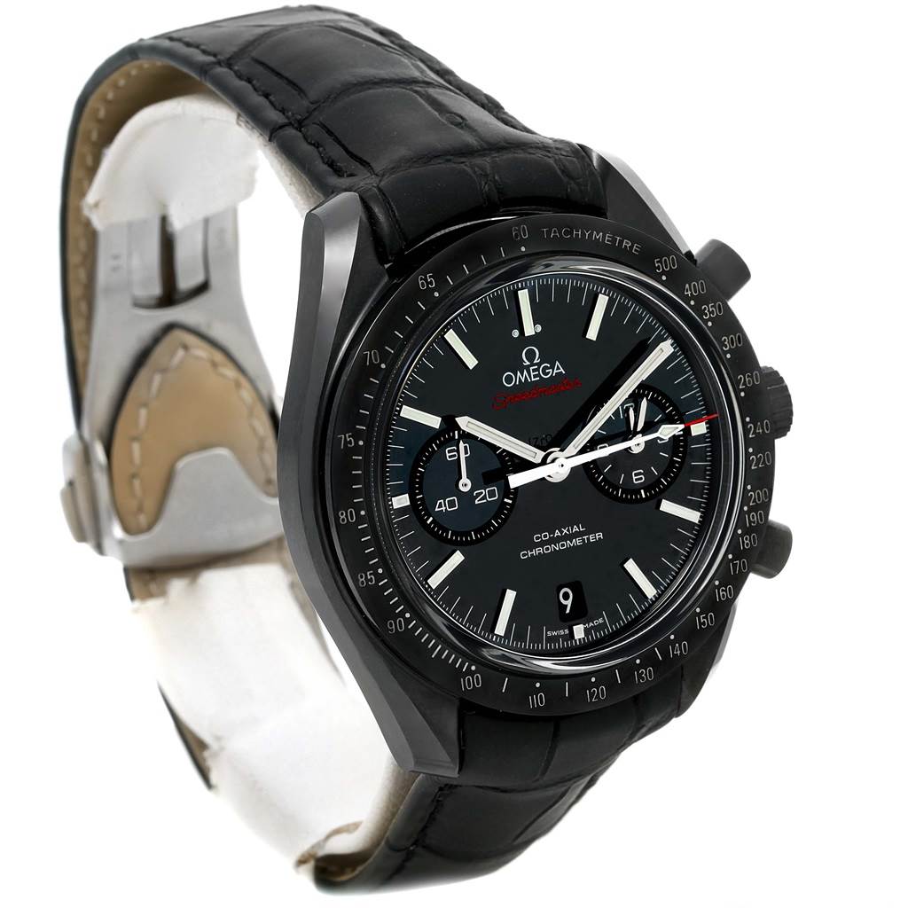 The image shows an angled view of an Omega Speedmaster 311.92.44.51.01.003 Men's Stainless Steel Black Dial 311.92.44.51.01.003 Men's Stainless Steel Black Dial watch, highlighting the black dial, leather strap, and side pushers.