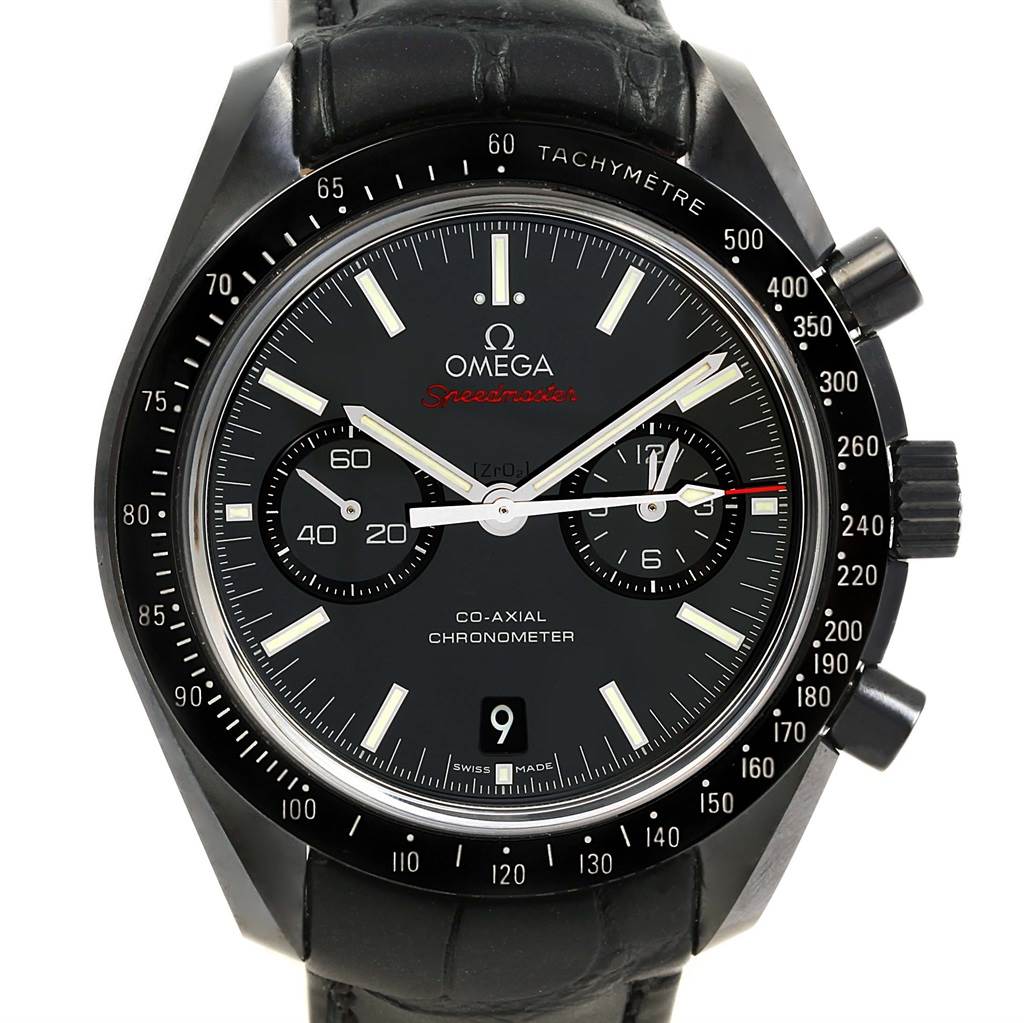 This image shows a front-facing view of the Omega Speedmaster 311.92.44.51.01.003 Men's Stainless Steel Black Dial 311.92.44.51.01.003 Men's Stainless Steel Black Dial watch displaying the dial, bezel, and pushers.