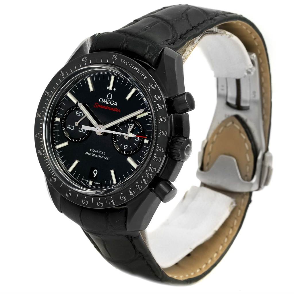 The image shows an Omega Speedmaster 311.92.44.51.01.003 Men's Stainless Steel Black Dial 311.92.44.51.01.003 Men's Stainless Steel Black Dial watch at a three-quarter view, highlighting the dial, bezel, and part of the leather strap.