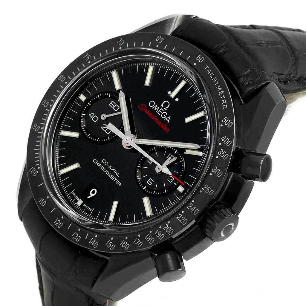The Omega Speedmaster 311.92.44.51.01.003 Men's Stainless Steel Black Dial 311.92.44.51.01.003 Men's Stainless Steel Black Dial watch is shown from an angled view highlighting its face, bezel, and side pushers.