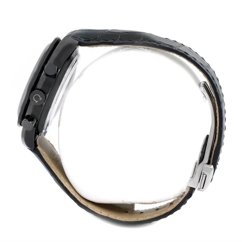 This side view of the Omega Speedmaster 311.92.44.51.01.003 Men's Stainless Steel Black Dial 311.92.44.51.01.003 Men's Stainless Steel Black Dial watch shows the leather strap, clasp, and case with chrono pushers and crown.