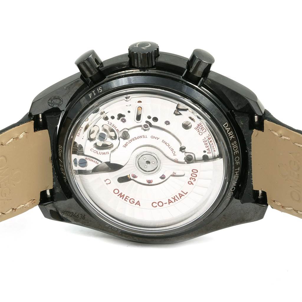 This image shows the back view of the Omega Speedmaster 311.92.44.51.01.003 Men's Stainless Steel Black Dial 311.92.44.51.01.003 Men's Stainless Steel Black Dial watch, highlighting its Co-Axial 9300 movement.