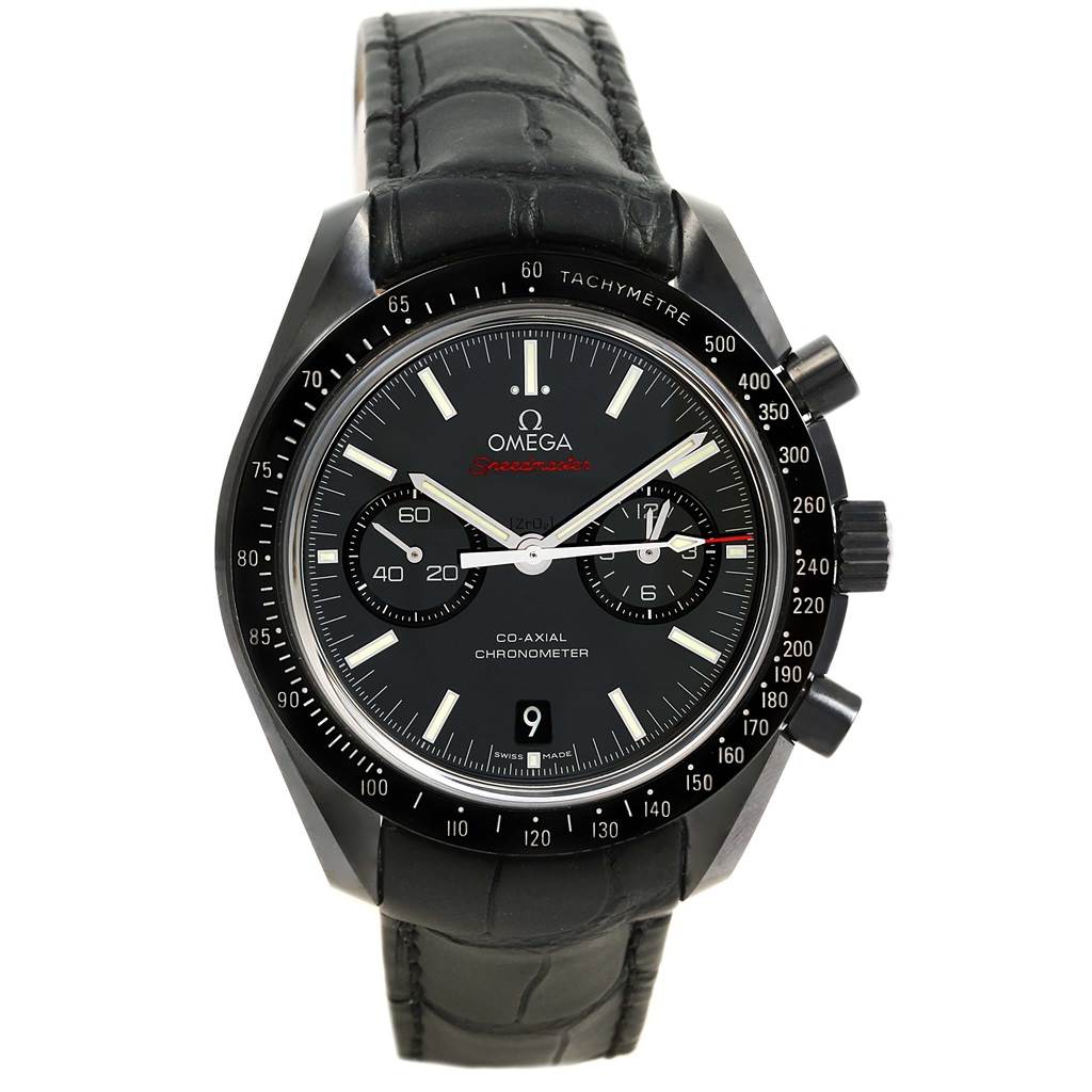 The image shows a front view of an Omega Speedmaster 311.92.44.51.01.003 Men's Stainless Steel Black Dial 311.92.44.51.01.003 Men's Stainless Steel Black Dial watch, highlighting its dial, chronograph features, and leather strap.