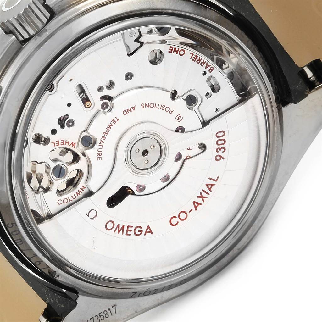 This image shows a close-up view of the Omega Speedmaster 311.93.44.51.99.001 Men
s Stainless Steel Silver Dial 311.93.44.51.99.001 Men
s Stainless Steel Silver Dial
s Co-Axial 9300 movement from the back angle.