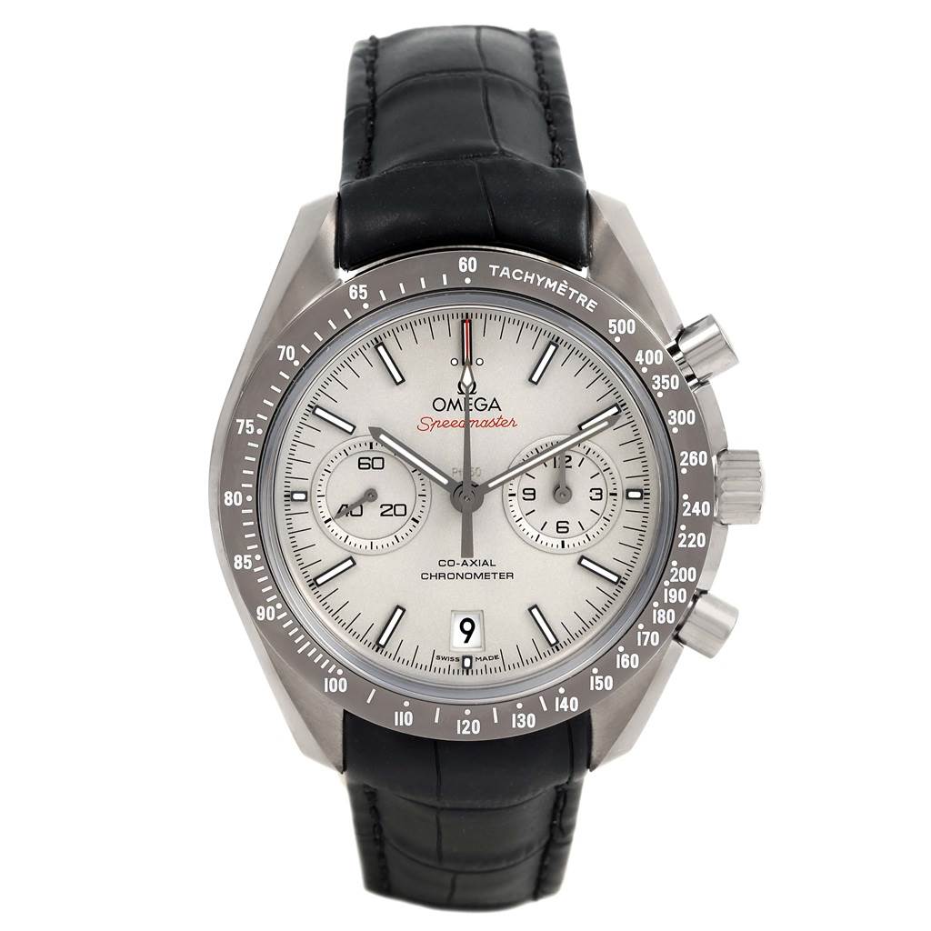 The Omega Speedmaster 311.93.44.51.99.001 Men
s Stainless Steel Silver Dial 311.93.44.51.99.001 Men
s Stainless Steel Silver Dial is shown from a front angle, displaying its dial, bezel, pushers, crown, and black leather strap.