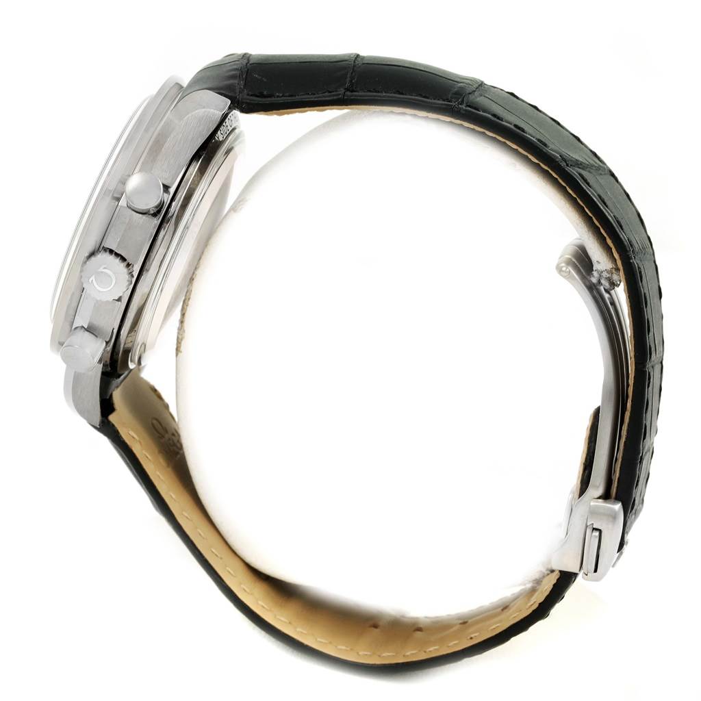 The image shows a side view of the Omega Speedmaster 311.93.44.51.99.001 Men
s Stainless Steel Silver Dial 311.93.44.51.99.001 Men
s Stainless Steel Silver Dial watch, highlighting the crown, pushers, and black leather strap.