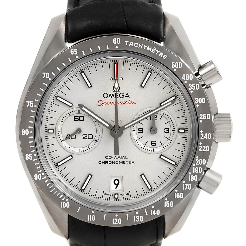 The image shows a front view of an Omega Speedmaster 311.93.44.51.99.001 Men
s Stainless Steel Silver Dial 311.93.44.51.99.001 Men
s Stainless Steel Silver Dial watch face with a tachymeter, chronograph subdials, and date window.