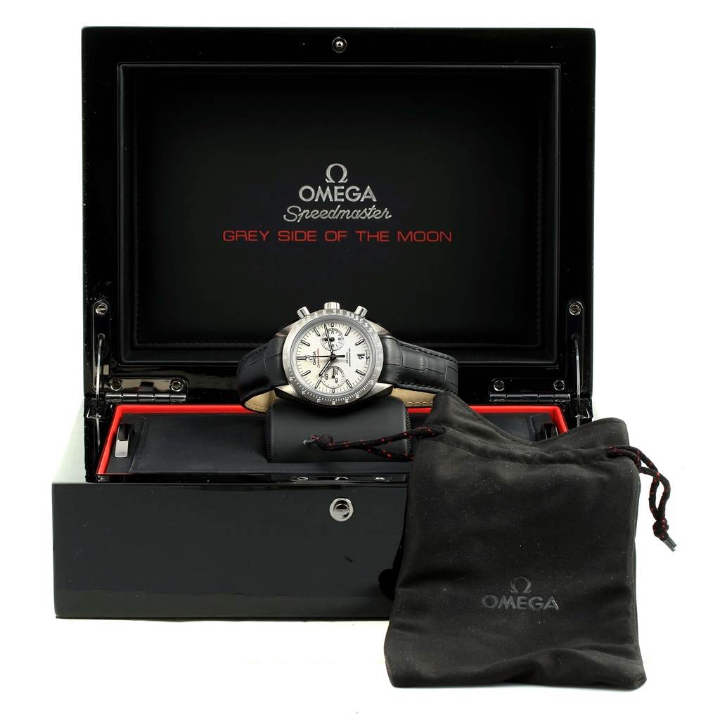 The Omega Speedmaster 311.93.44.51.99.001 Men
s Stainless Steel Silver Dial 311.93.44.51.99.001 Men
s Stainless Steel Silver Dial watch is displayed at a front angle with its box and a black Omega pouch.